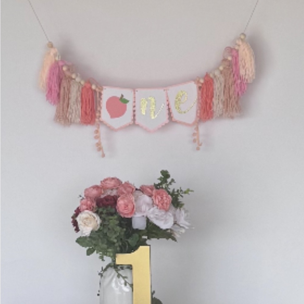 EUC “First Bday” Banner W/Tassels of Tan, Pink, Creme & Peach for 1st Birthday